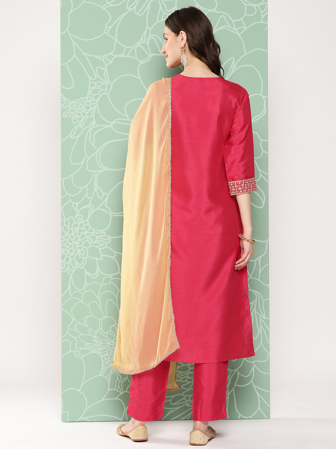 Janasya Women's Pink Crepe Silk Solid Straight Festive Kurta Set | Swadesiicart