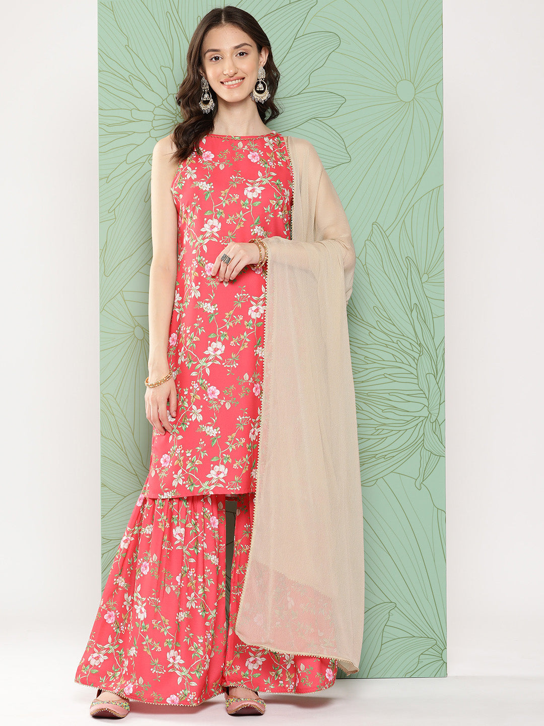 Janasya Women's Pink Moss Digital Floral Printed Straight Festive Kurta Set | Swadesiicart