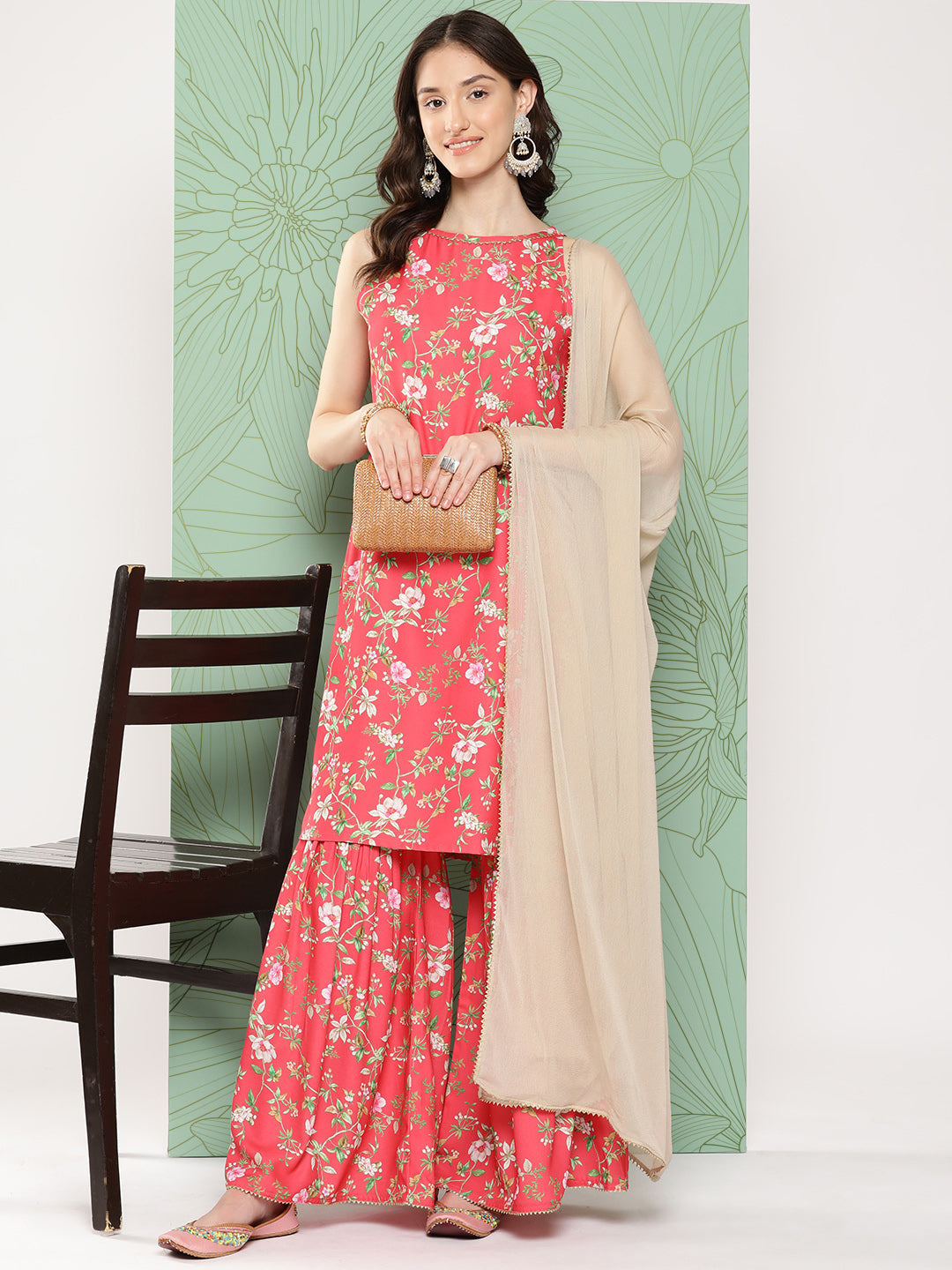 Janasya Women's Pink Moss Digital Floral Printed Straight Festive Kurta Set | Swadesiicart