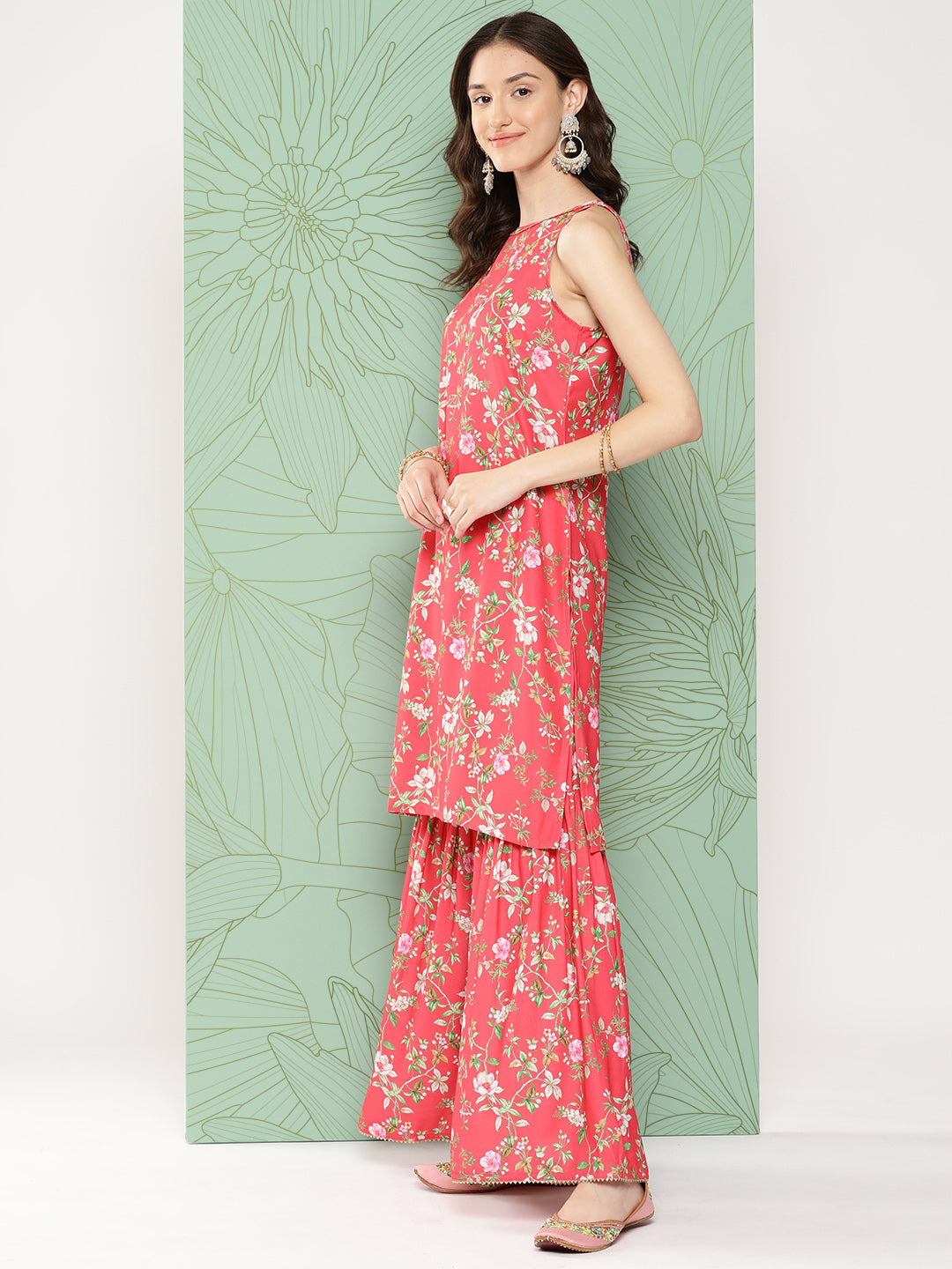 Janasya Women's Pink Moss Digital Floral Printed Straight Festive Kurta Set | Swadesiicart