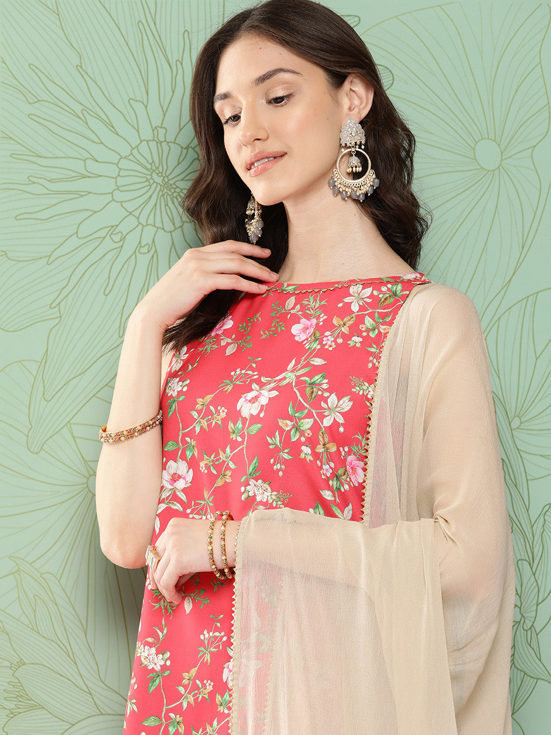 Janasya Women's Pink Moss Digital Floral Printed Straight Festive Kurta Set | Swadesiicart