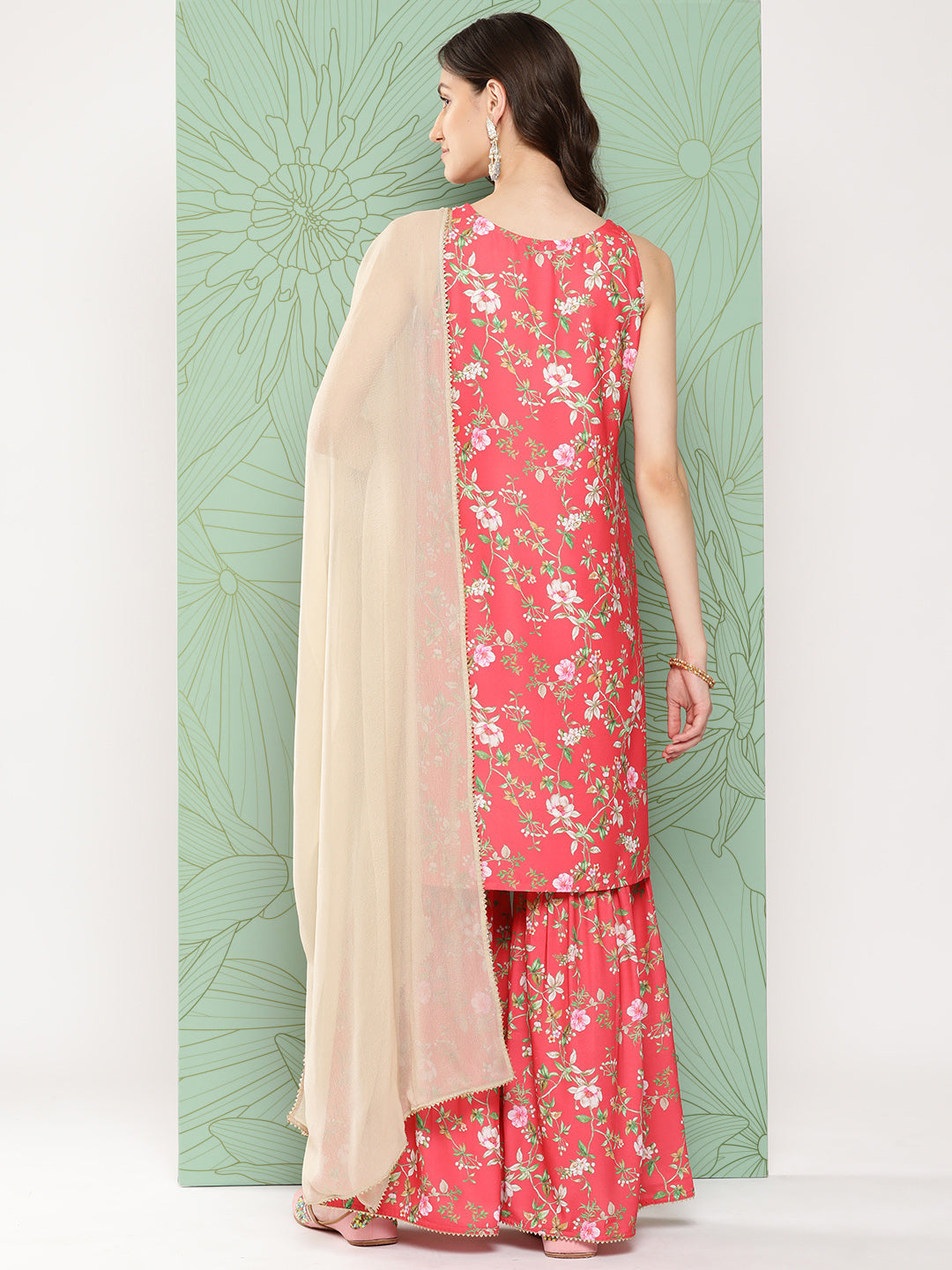 Janasya Women's Pink Moss Digital Floral Printed Straight Festive Kurta Set | Swadesiicart