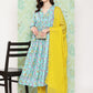 Janasya Women's Sky Blue Moss Floral Digital Printed Flared Festive Kurta Set | Swadesiicart
