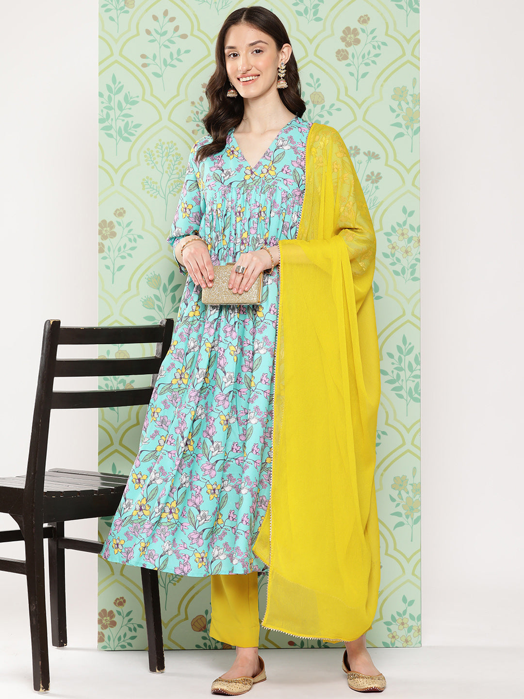 Janasya Women's Sky Blue Moss Floral Digital Printed Flared Festive Kurta Set | Swadesiicart