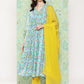 Janasya Women's Sky Blue Moss Floral Digital Printed Flared Festive Kurta Set | Swadesiicart
