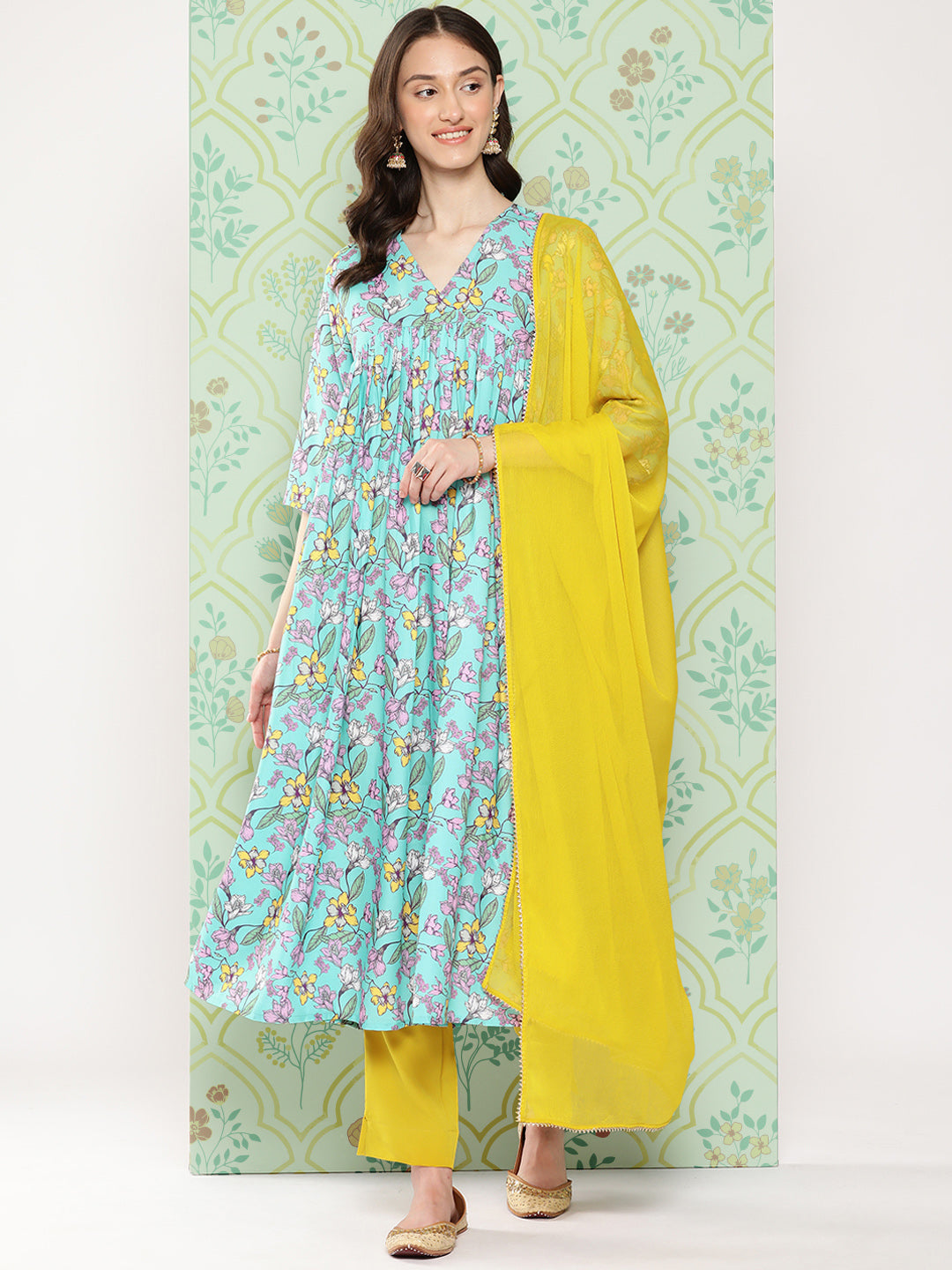 Janasya Women's Sky Blue Moss Floral Digital Printed Flared Festive Kurta Set | Swadesiicart