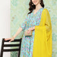 Janasya Women's Sky Blue Moss Floral Digital Printed Flared Festive Kurta Set | Swadesiicart