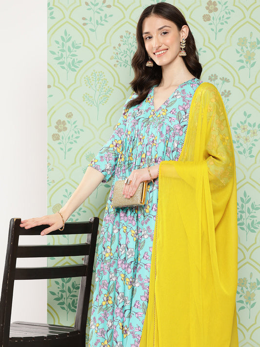 Janasya Women's Sky Blue Moss Floral Digital Printed Flared Festive Kurta Set | Swadesiicart