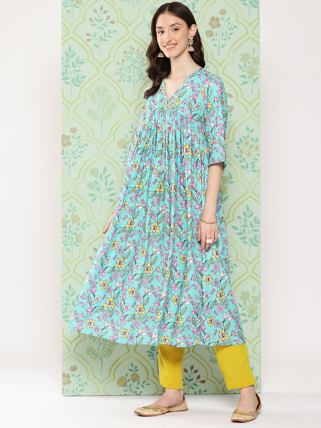 Janasya Women's Sky Blue Moss Floral Digital Printed Flared Festive Kurta Set | Swadesiicart