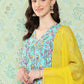 Janasya Women's Sky Blue Moss Floral Digital Printed Flared Festive Kurta Set | Swadesiicart