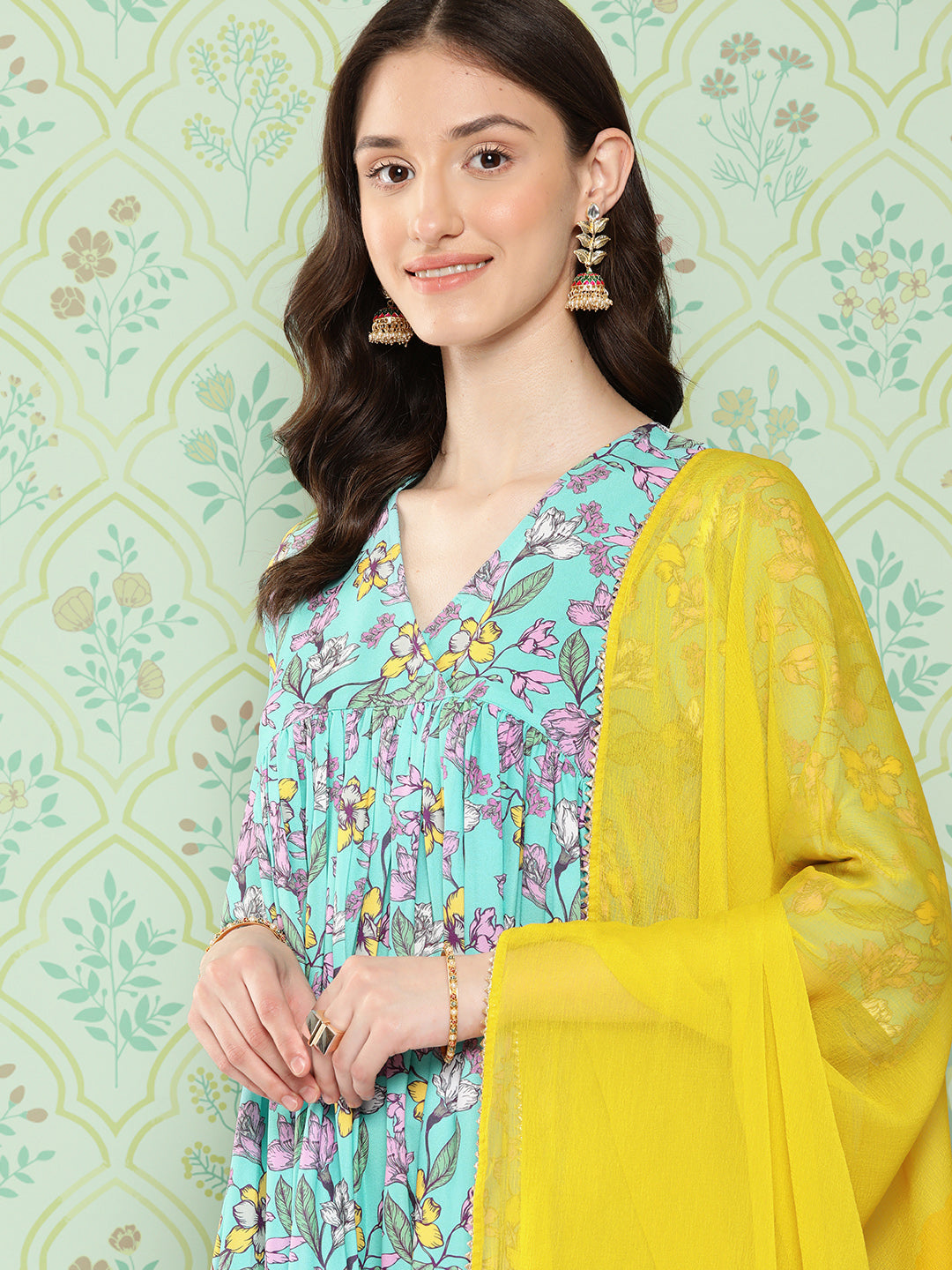 Janasya Women's Sky Blue Moss Floral Digital Printed Flared Festive Kurta Set | Swadesiicart