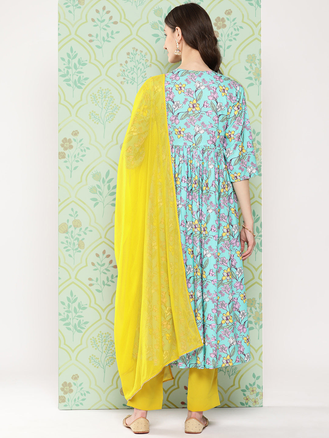 Janasya Women's Sky Blue Moss Floral Digital Printed Flared Festive Kurta Set | Swadesiicart