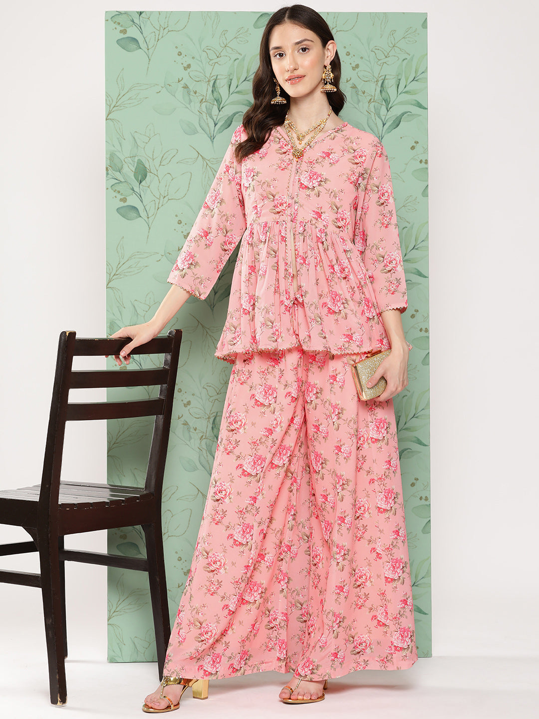 Janasya Women's Peach Georgette Digital Floral Printed Peplum Festive Top Set | Swadesiicart