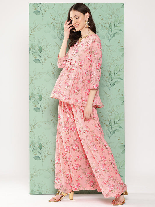 Janasya Women's Peach Georgette Digital Floral Printed Peplum Festive Top Set | Swadesiicart