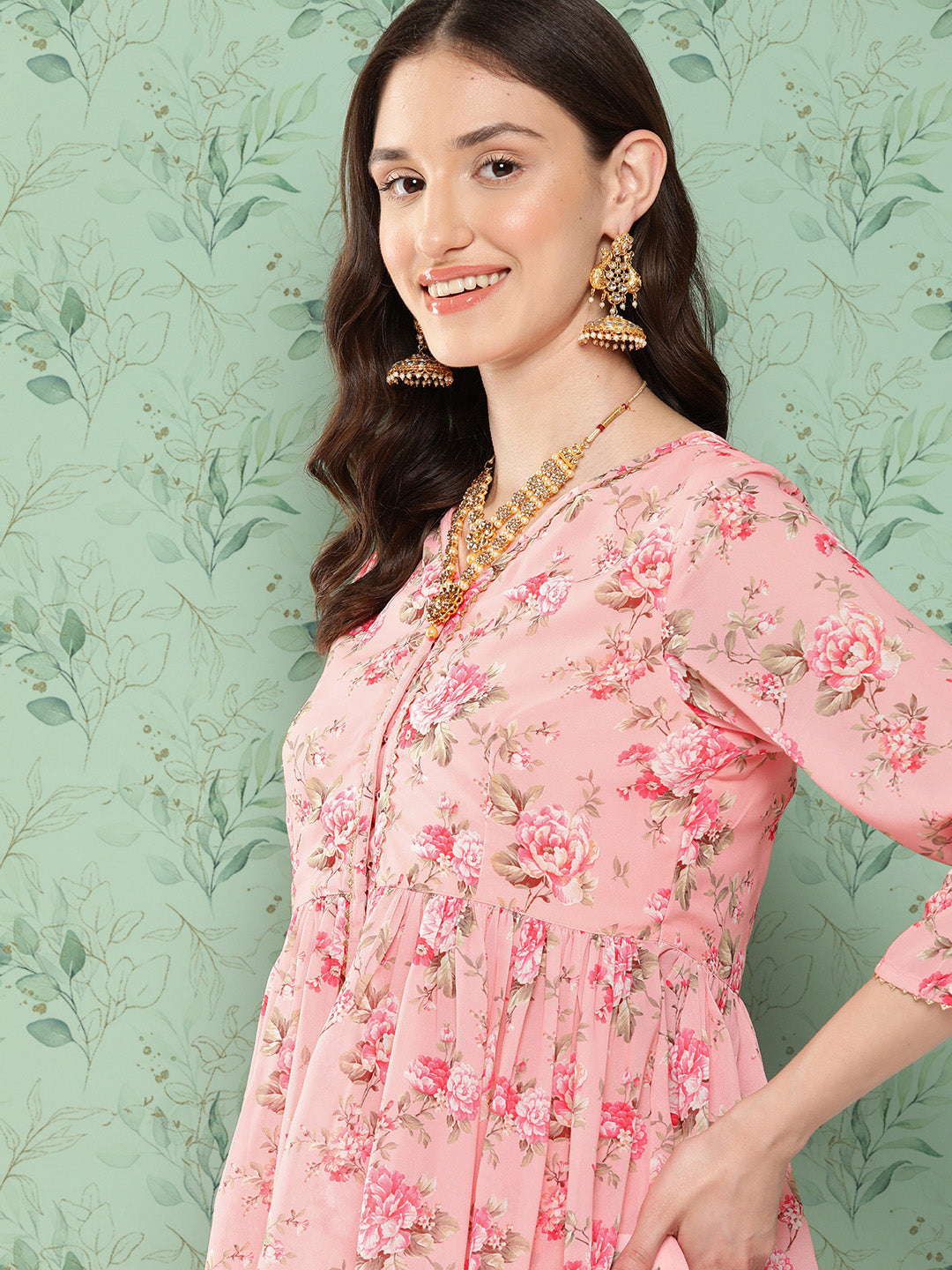 Janasya Women's Peach Georgette Digital Floral Printed Peplum Festive Top Set | Swadesiicart