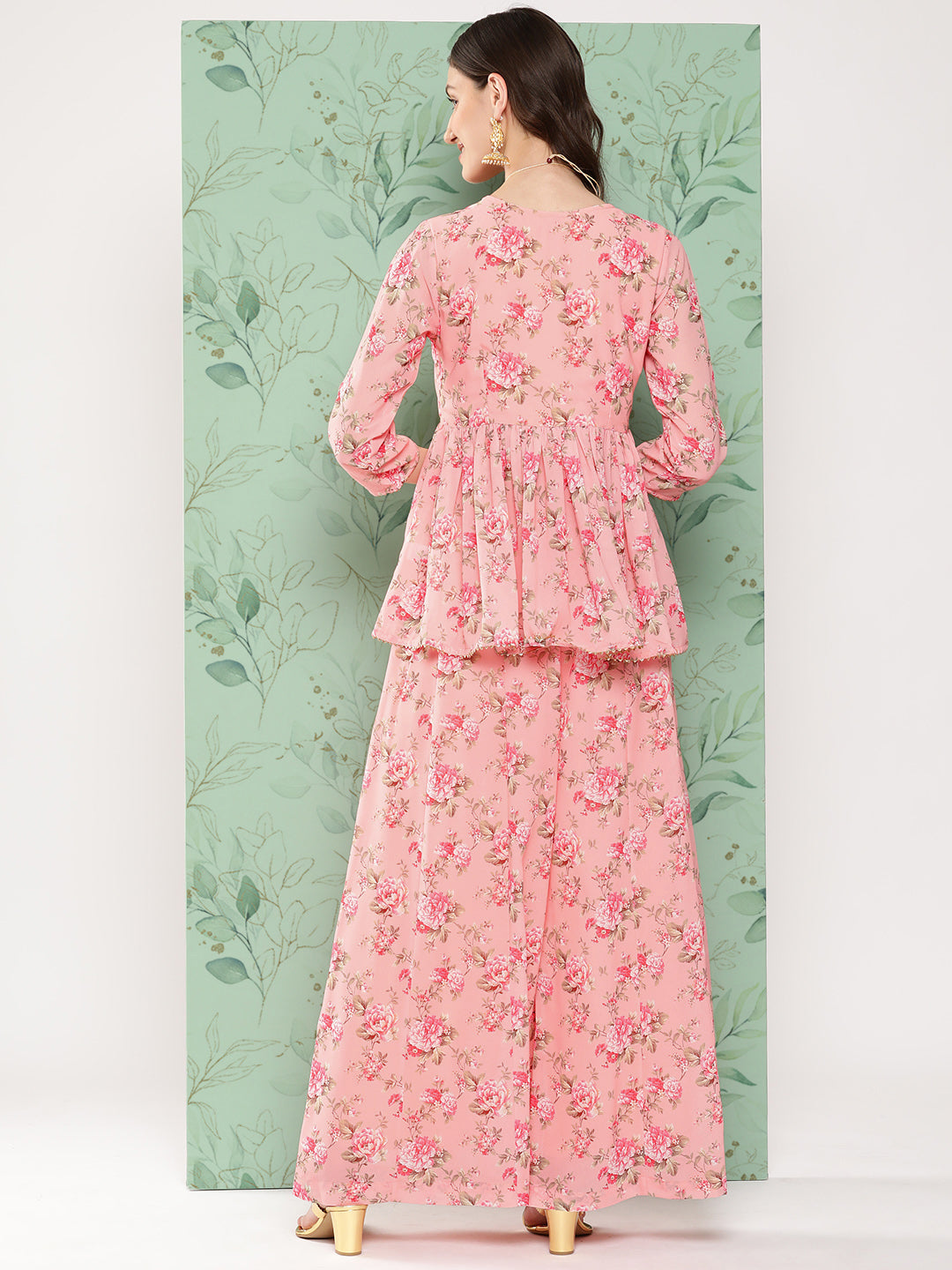 Janasya Women's Peach Georgette Digital Floral Printed Peplum Festive Top Set | Swadesiicart