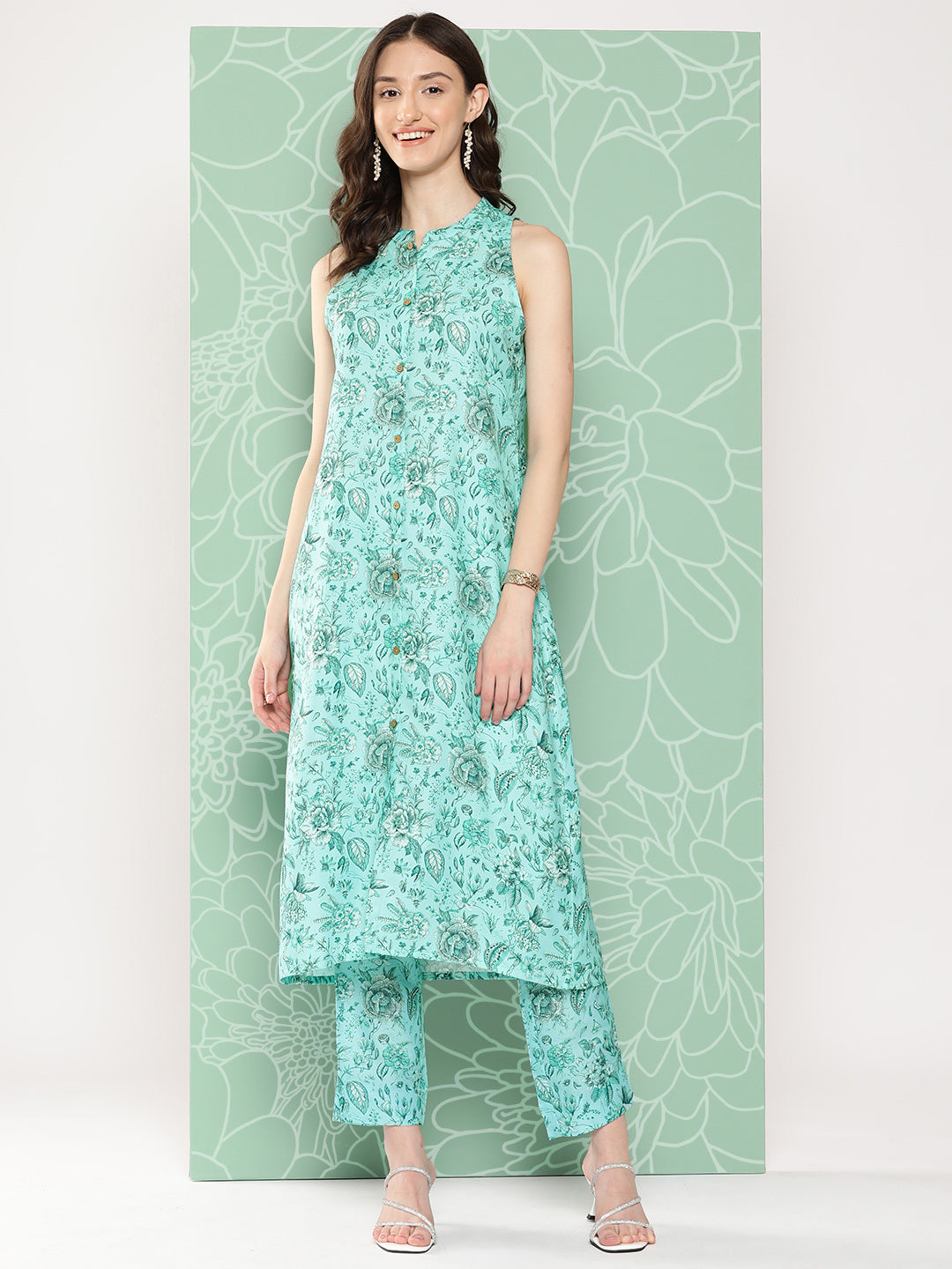 Janasya Women's Aqua Blue Moss Digital Floral Printed Straight Festive Kurta Set | Swadesiicart