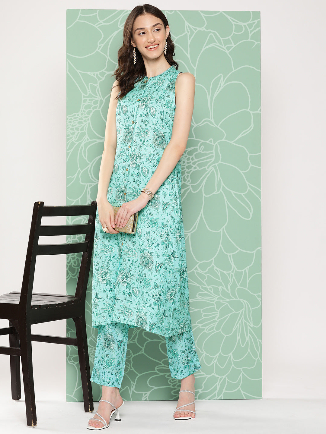 Janasya Women's Aqua Blue Moss Digital Floral Printed Straight Festive Kurta Set | Swadesiicart