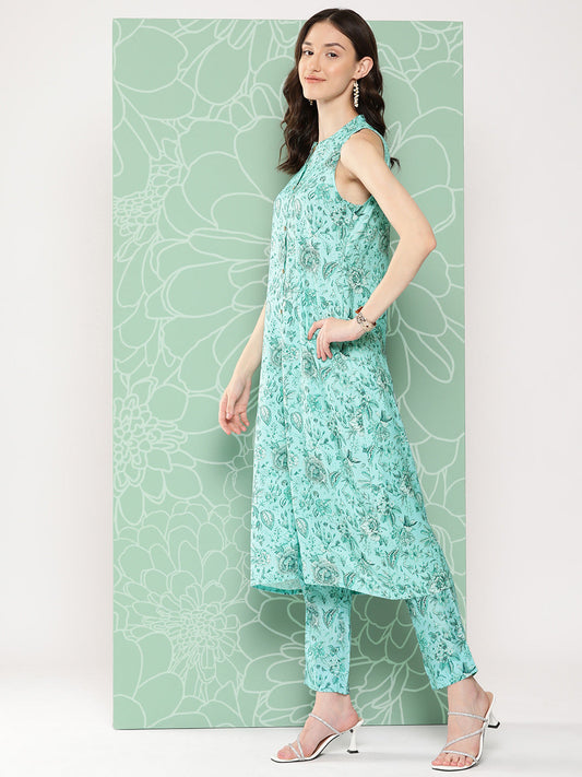 Janasya Women's Aqua Blue Moss Digital Floral Printed Straight Festive Kurta Set | Swadesiicart