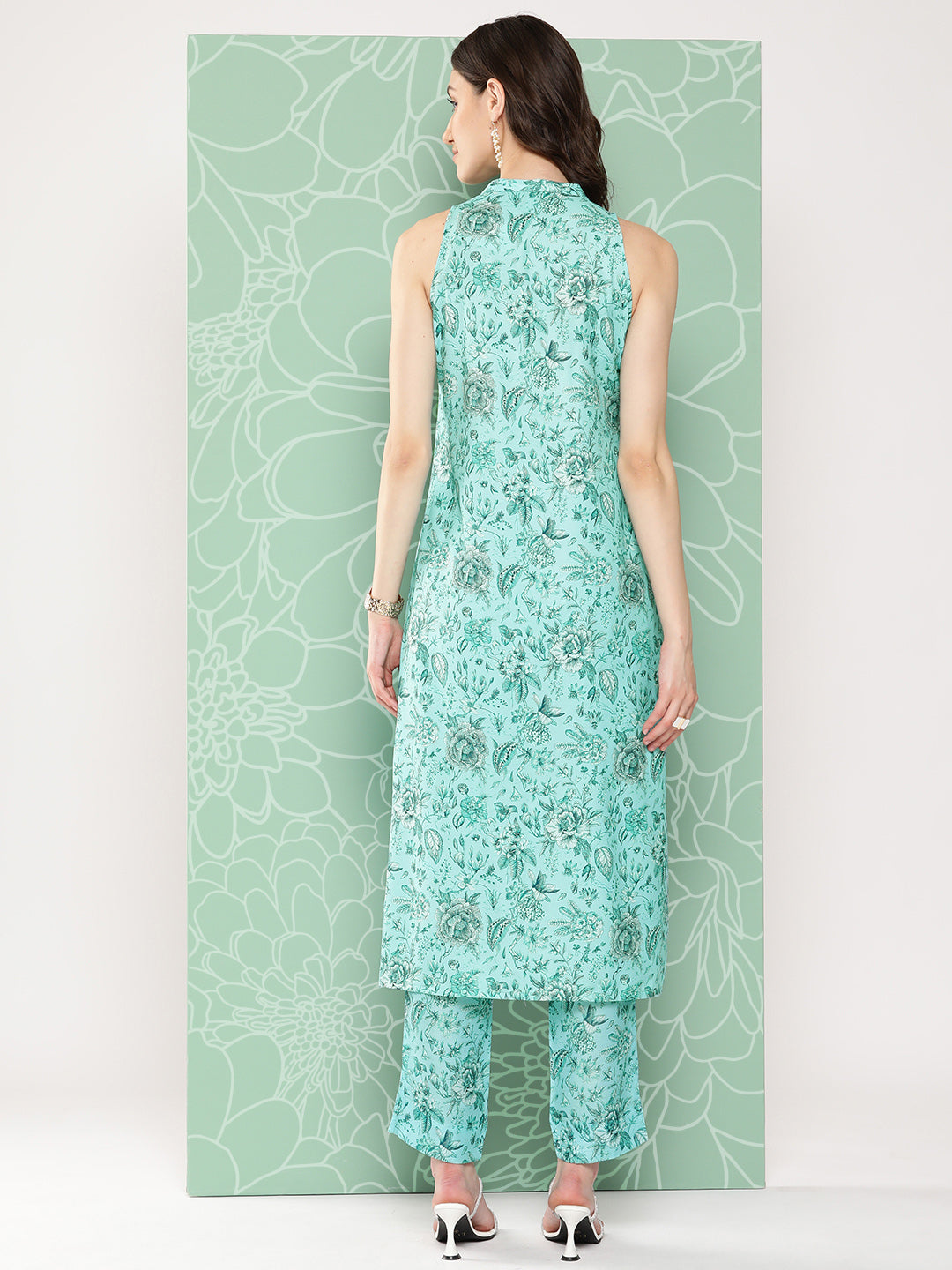 Janasya Women's Aqua Blue Moss Digital Floral Printed Straight Festive Kurta Set | Swadesiicart