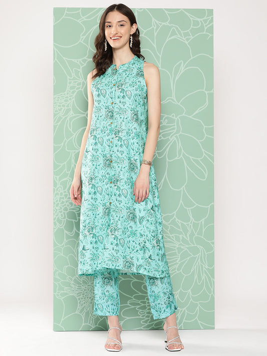 Janasya Women's Aqua Blue Moss Digital Floral Printed Straight Festive Kurta Set | Swadesiicart