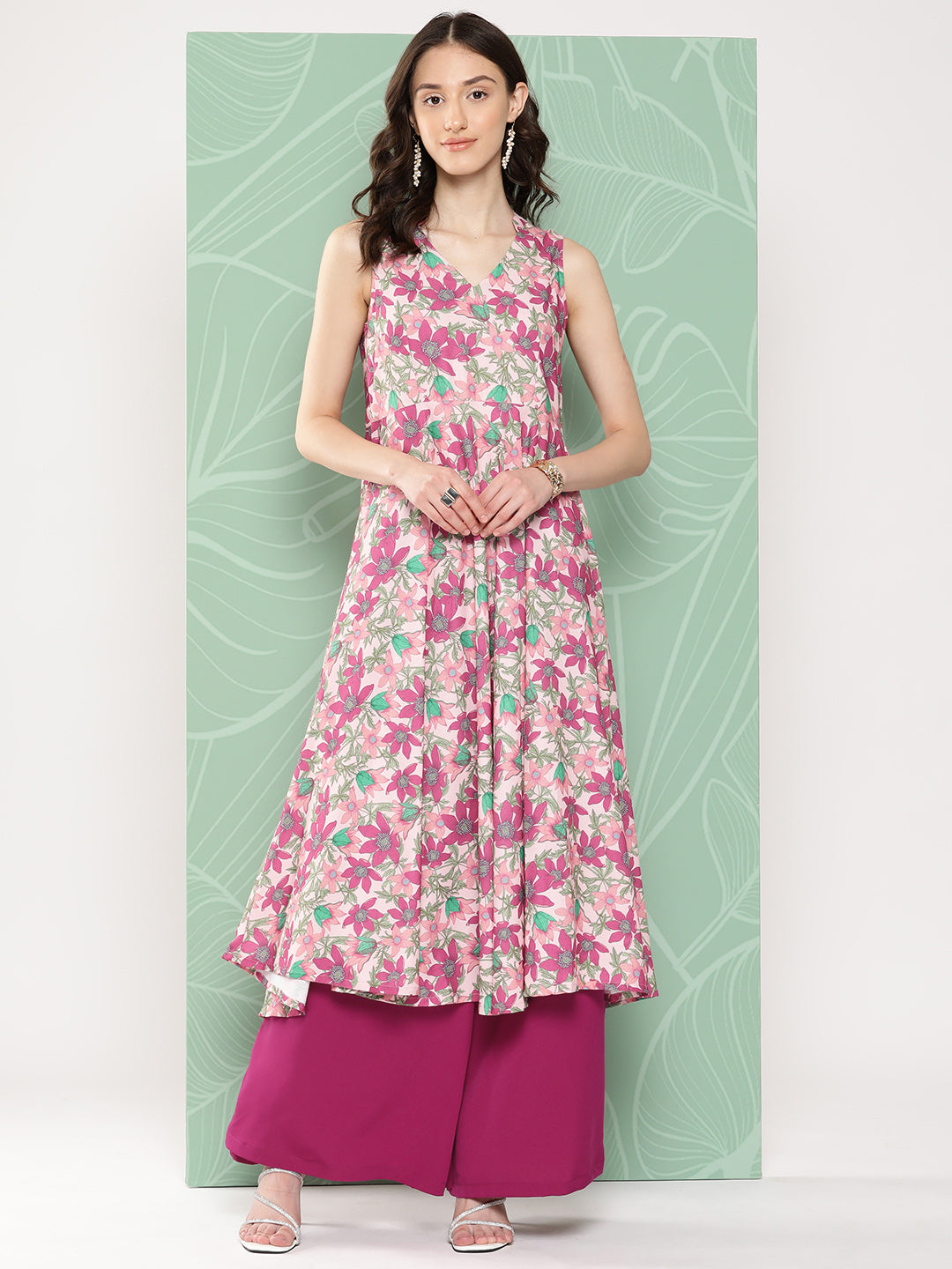 Janasya Women's Multicolor Moss Digital Floral Printed Flared Festive Kurta Set | Swadesiicart