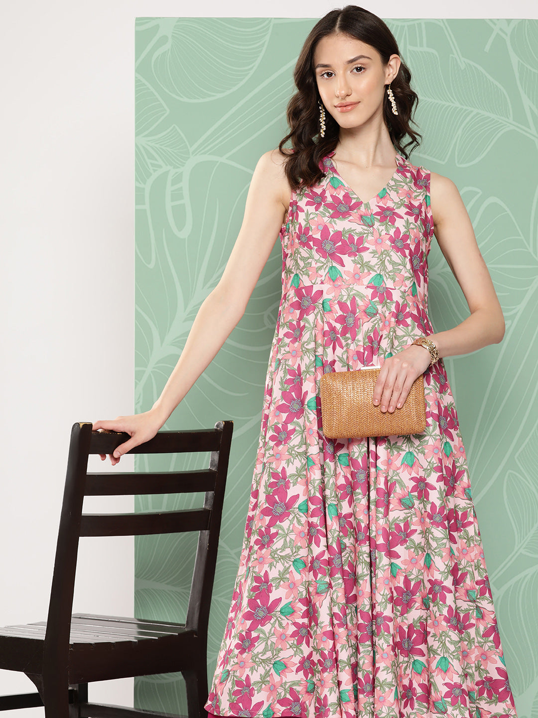 Janasya Women's Multicolor Moss Digital Floral Printed Flared Festive Kurta Set | Swadesiicart