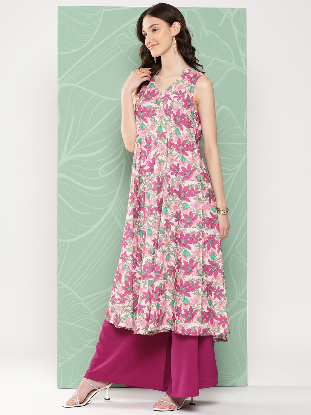 Janasya Women's Multicolor Moss Digital Floral Printed Flared Festive Kurta Set | Swadesiicart