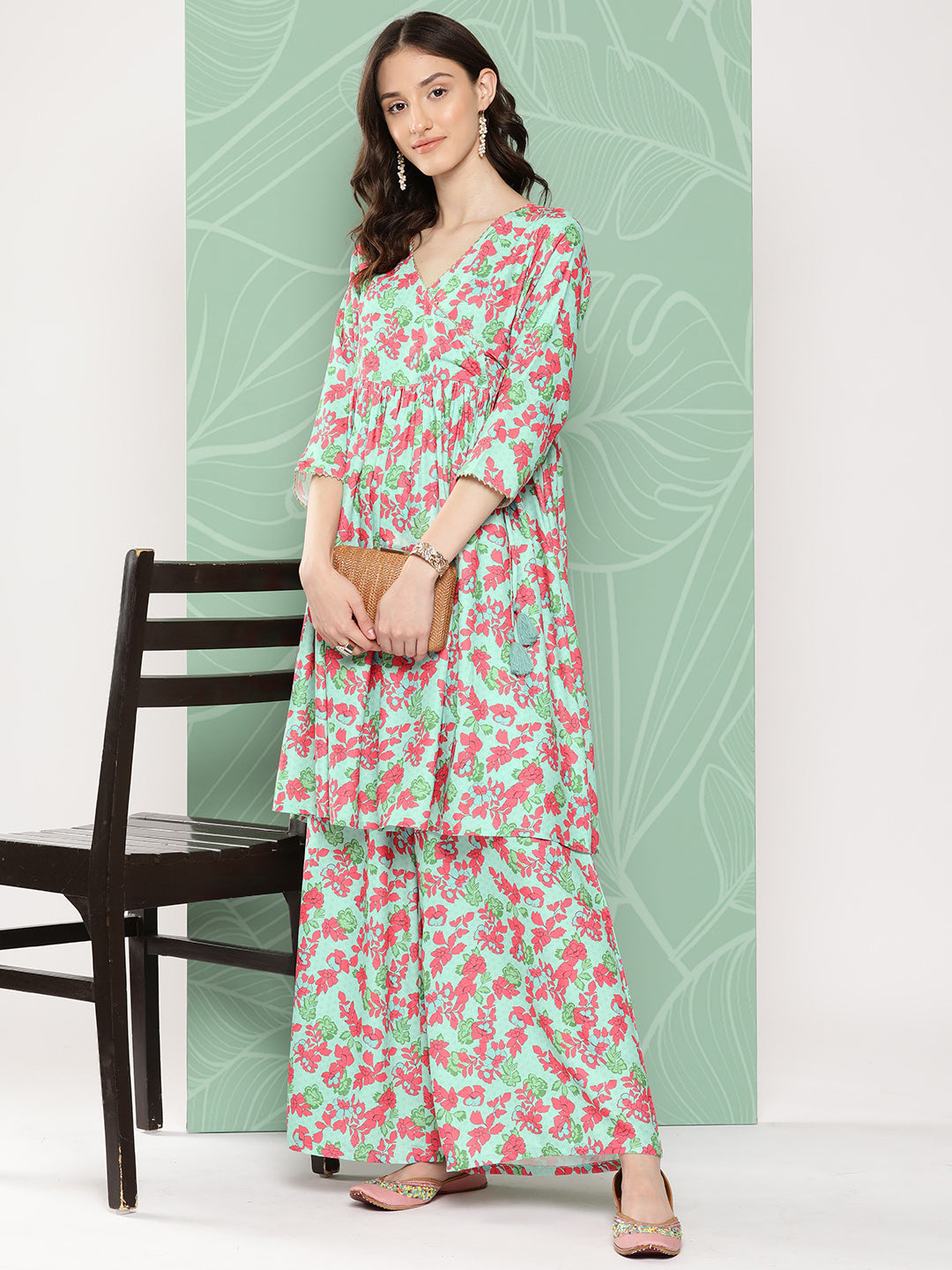 Janasya Women's Mint Moss Floral Digital Printed Angrakha Festive Kurta Set | Swadesiicart