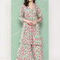 Janasya Women's Mint Moss Floral Digital Printed Angrakha Festive Kurta Set | Swadesiicart