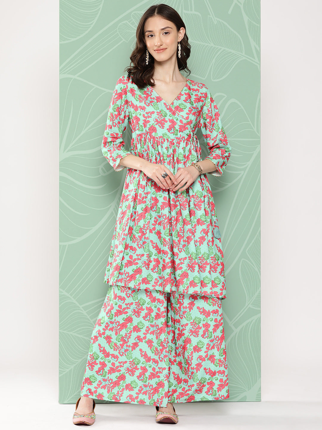 Janasya Women's Mint Moss Floral Digital Printed Angrakha Festive Kurta Set | Swadesiicart