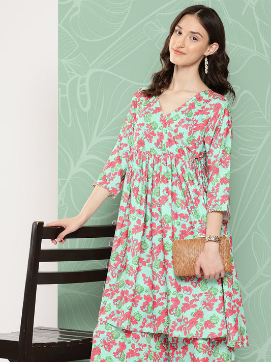 Janasya Women's Mint Moss Floral Digital Printed Angrakha Festive Kurta Set | Swadesiicart