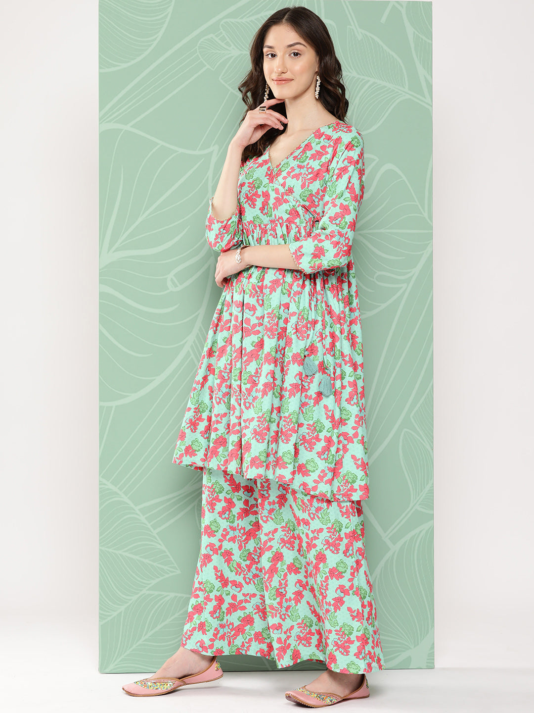 Janasya Women's Mint Moss Floral Digital Printed Angrakha Festive Kurta Set | Swadesiicart