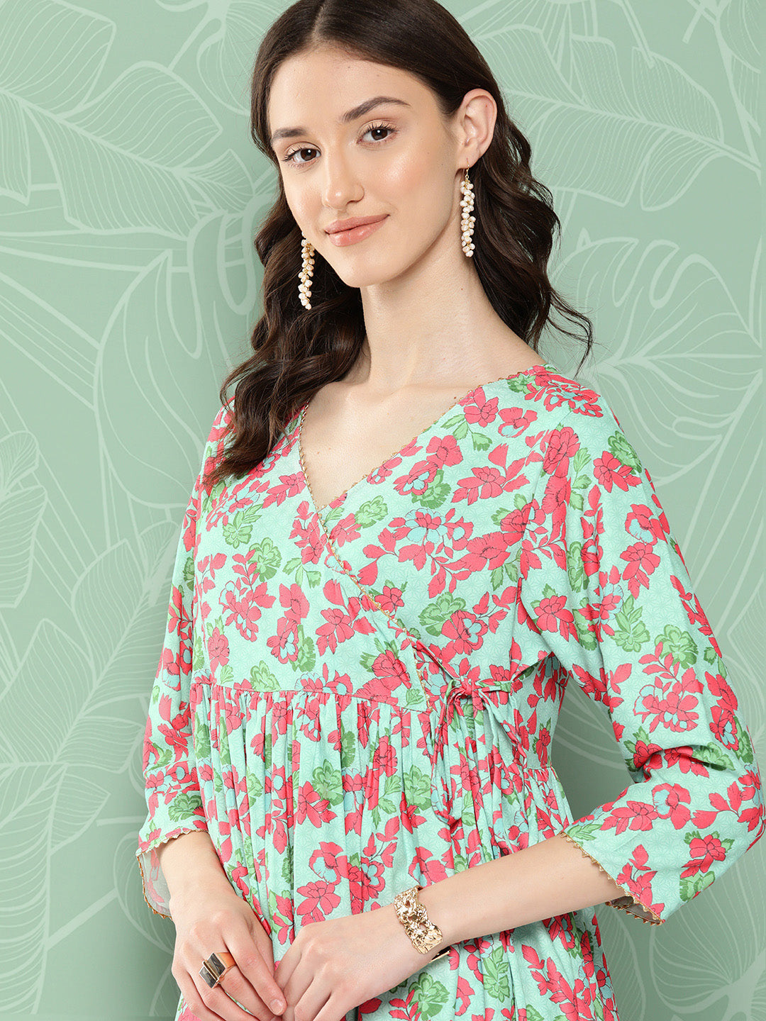 Janasya Women's Mint Moss Floral Digital Printed Angrakha Festive Kurta Set | Swadesiicart