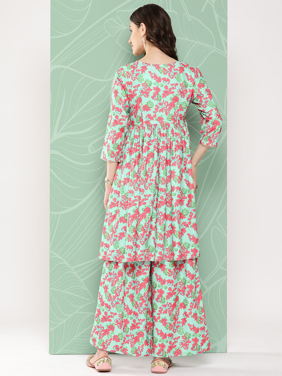 Janasya Women's Mint Moss Floral Digital Printed Angrakha Festive Kurta Set | Swadesiicart