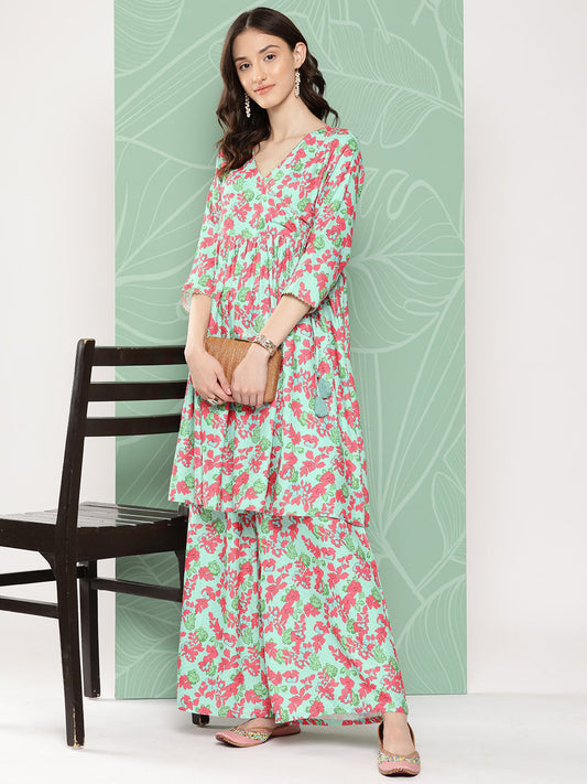 Janasya Women's Mint Moss Floral Digital Printed Angrakha Festive Kurta Set | Swadesiicart