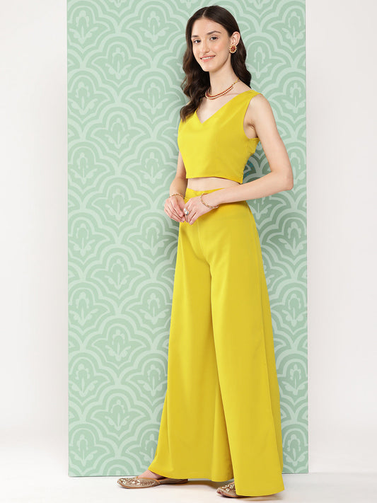Janasya Women's Yellow Crepe Solid Crop Top Festive Top Set | Swadesiicart
