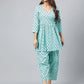 Janasya Women's Aqua Green Cotton Floral Ethinc Motif Printed Flared Casual Short Kurta Set | Swadesiicart