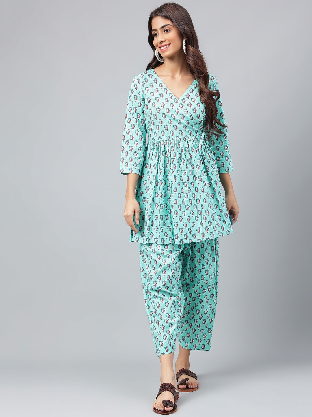 Janasya Women's Aqua Green Cotton Floral Ethinc Motif Printed Flared Casual Short Kurta Set | Swadesiicart