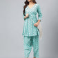 Janasya Women's Aqua Green Cotton Floral Ethinc Motif Printed Flared Casual Short Kurta Set | Swadesiicart