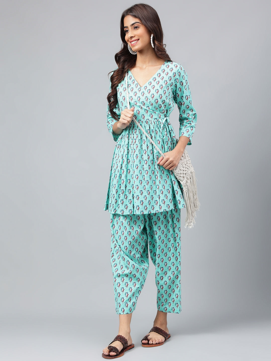 Janasya Women's Aqua Green Cotton Floral Ethinc Motif Printed Flared Casual Short Kurta Set | Swadesiicart