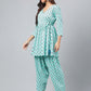 Janasya Women's Aqua Green Cotton Floral Ethinc Motif Printed Flared Casual Short Kurta Set | Swadesiicart