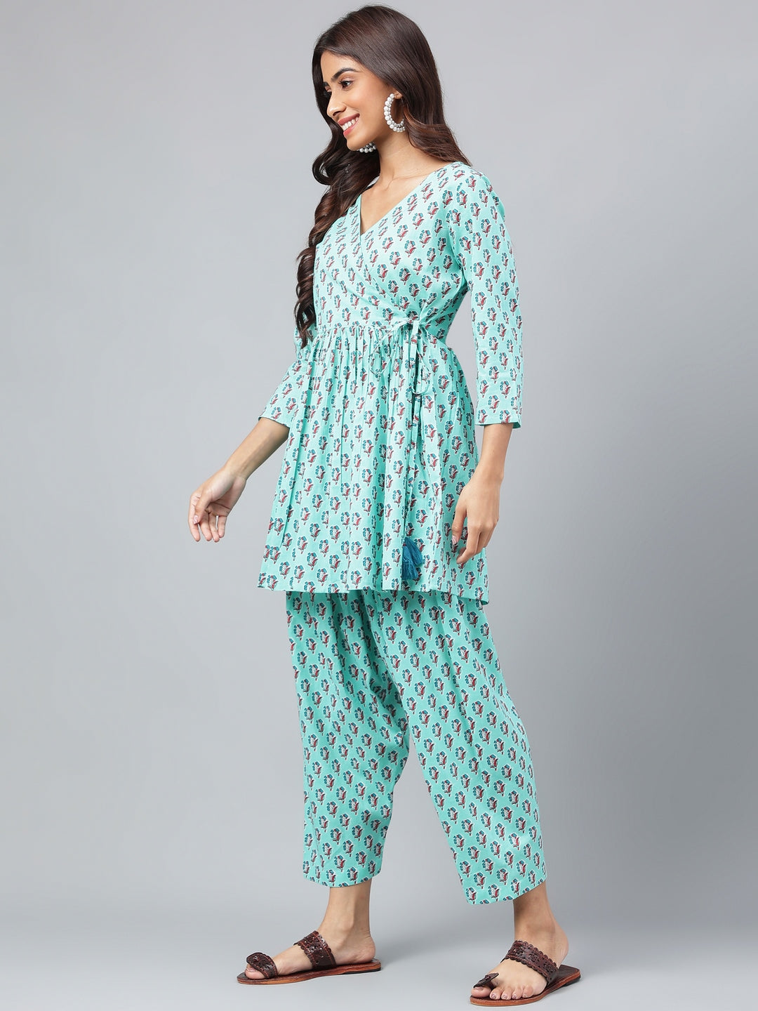 Janasya Women's Aqua Green Cotton Floral Ethinc Motif Printed Flared Casual Short Kurta Set | Swadesiicart