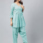 Janasya Women's Aqua Green Cotton Floral Ethinc Motif Printed Flared Casual Short Kurta Set | Swadesiicart