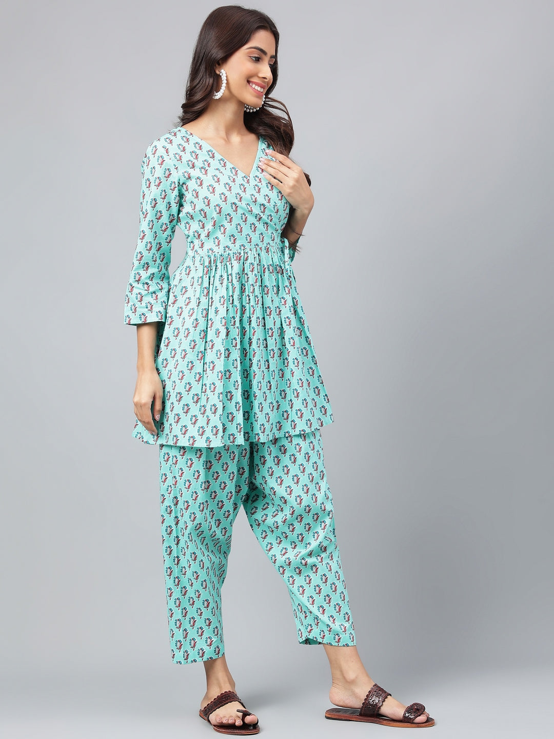 Janasya Women's Aqua Green Cotton Floral Ethinc Motif Printed Flared Casual Short Kurta Set | Swadesiicart