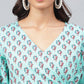 Janasya Women's Aqua Green Cotton Floral Ethinc Motif Printed Flared Casual Short Kurta Set | Swadesiicart