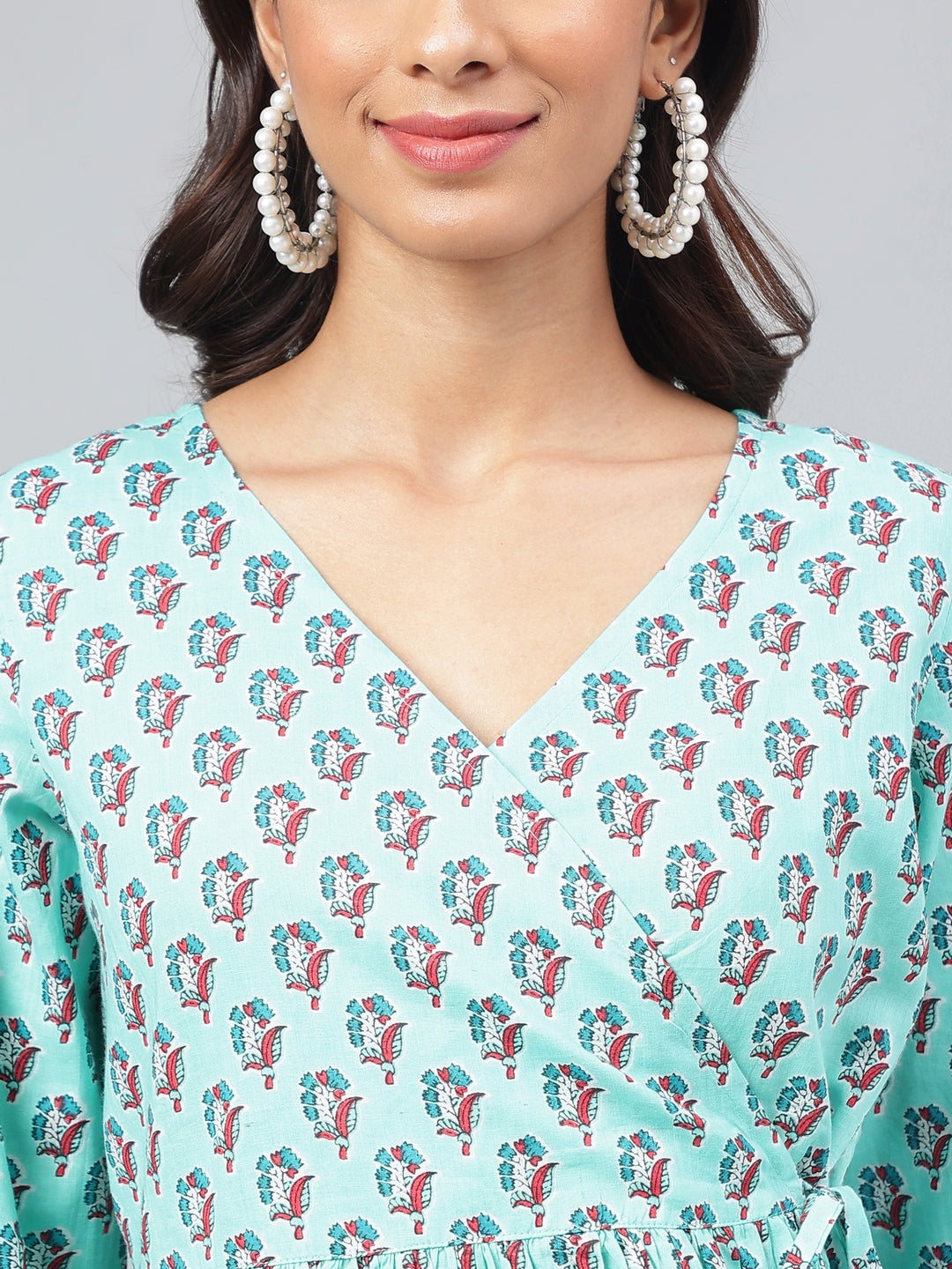Janasya Women's Aqua Green Cotton Floral Ethinc Motif Printed Flared Casual Short Kurta Set | Swadesiicart