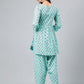 Janasya Women's Aqua Green Cotton Floral Ethinc Motif Printed Flared Casual Short Kurta Set | Swadesiicart