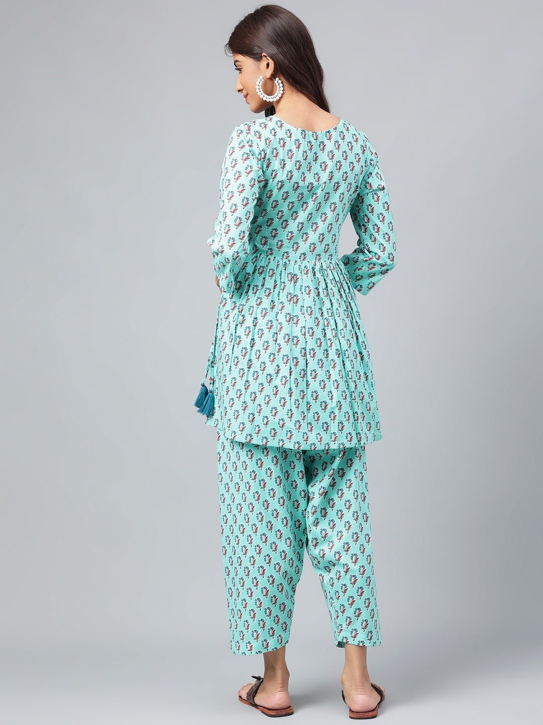 Janasya Women's Aqua Green Cotton Floral Ethinc Motif Printed Flared Casual Short Kurta Set | Swadesiicart