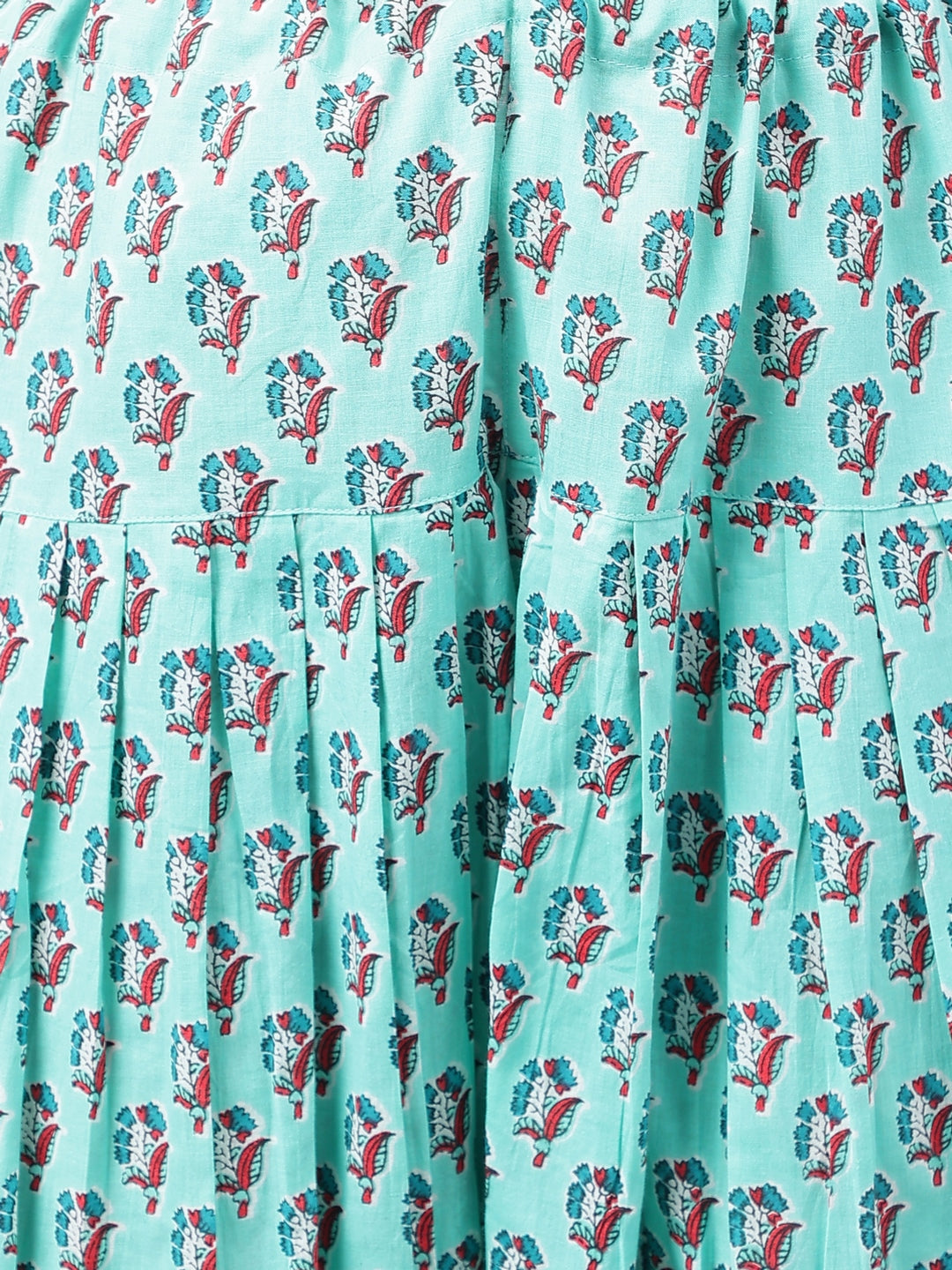 Janasya Women's Aqua Green Cotton Floral Ethinc Motif Printed Flared Casual Short Kurta Set | Swadesiicart